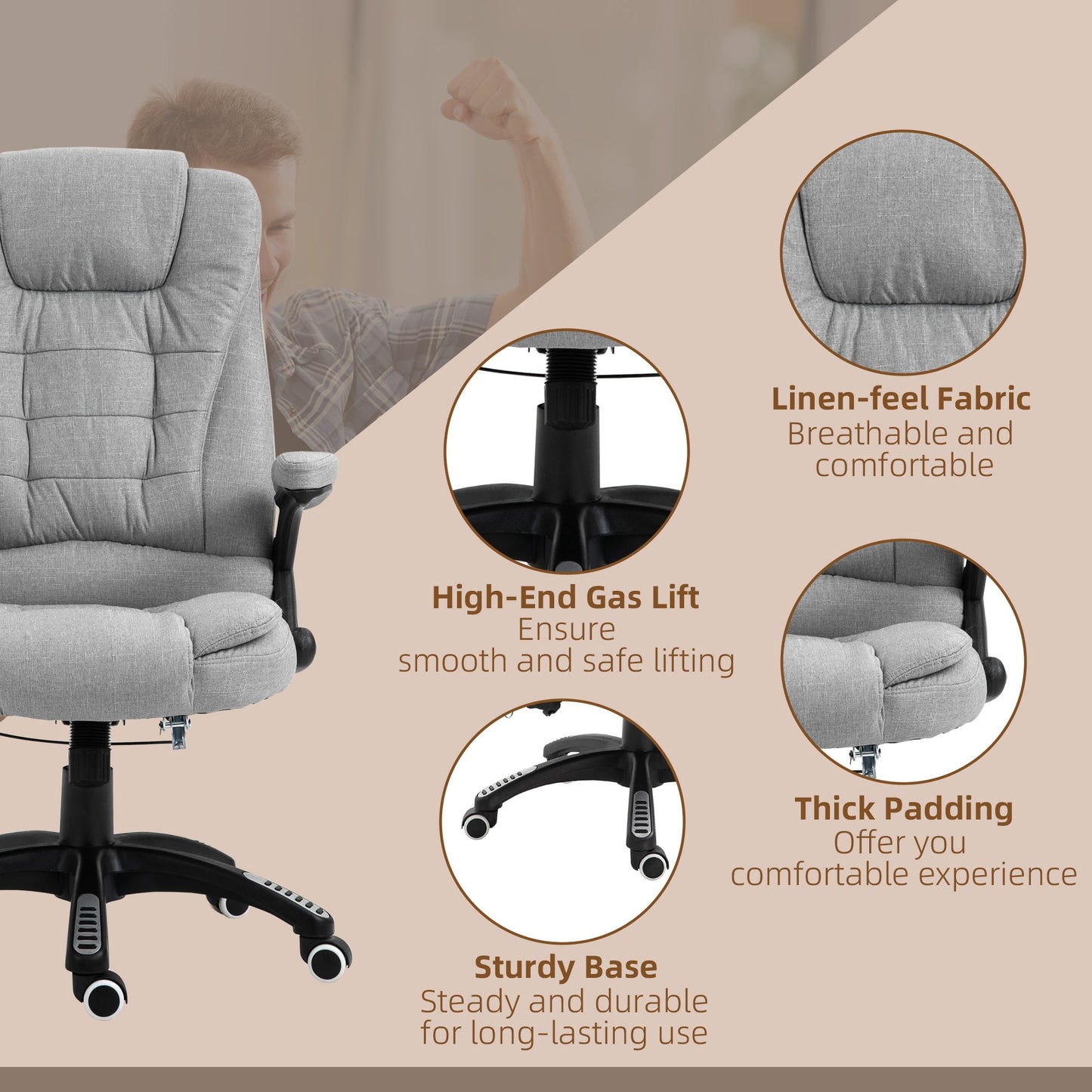 Vinsetto Office Chair with Massager High Back Ergonomic Design with Heated Padded and 360° Swivel Base for Home Office, Gaming, Light Grey