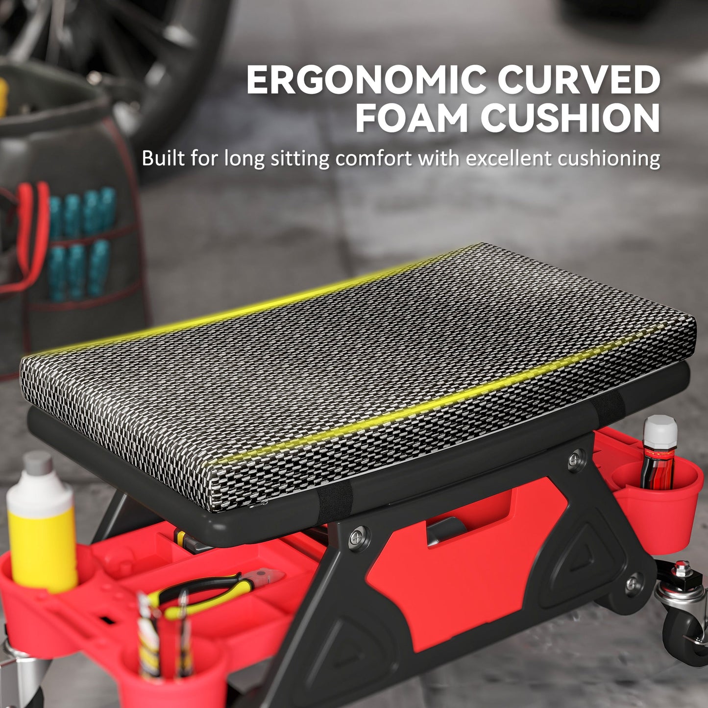 HOMCOM Rolling Mechanic Stool, 135kg Capacity Workshop Stool, 360 Swivel Roller Padded Creeper Seat with Wheels, Slide Out Tool Trays and Drawer for Garage, Shop, Auto Repair, Black