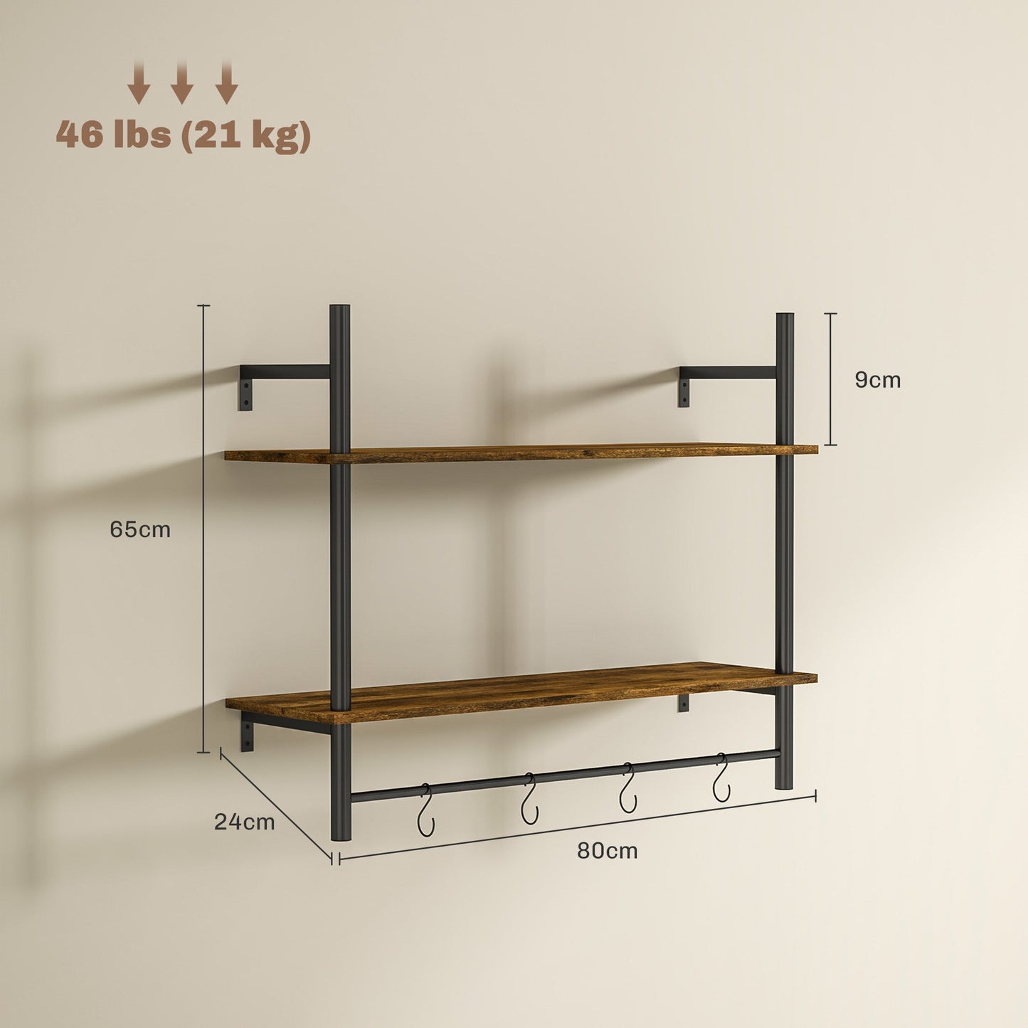 HOMCOM Wall Mounted Floating Shelves with 4 Hooks, Rustic Wall Shelf Unit for Living Room, Entryway, Rustic Brown