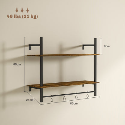 HOMCOM Wall Mounted Floating Shelves with 4 Hooks, Rustic Wall Shelf Unit for Living Room, Entryway, Rustic Brown