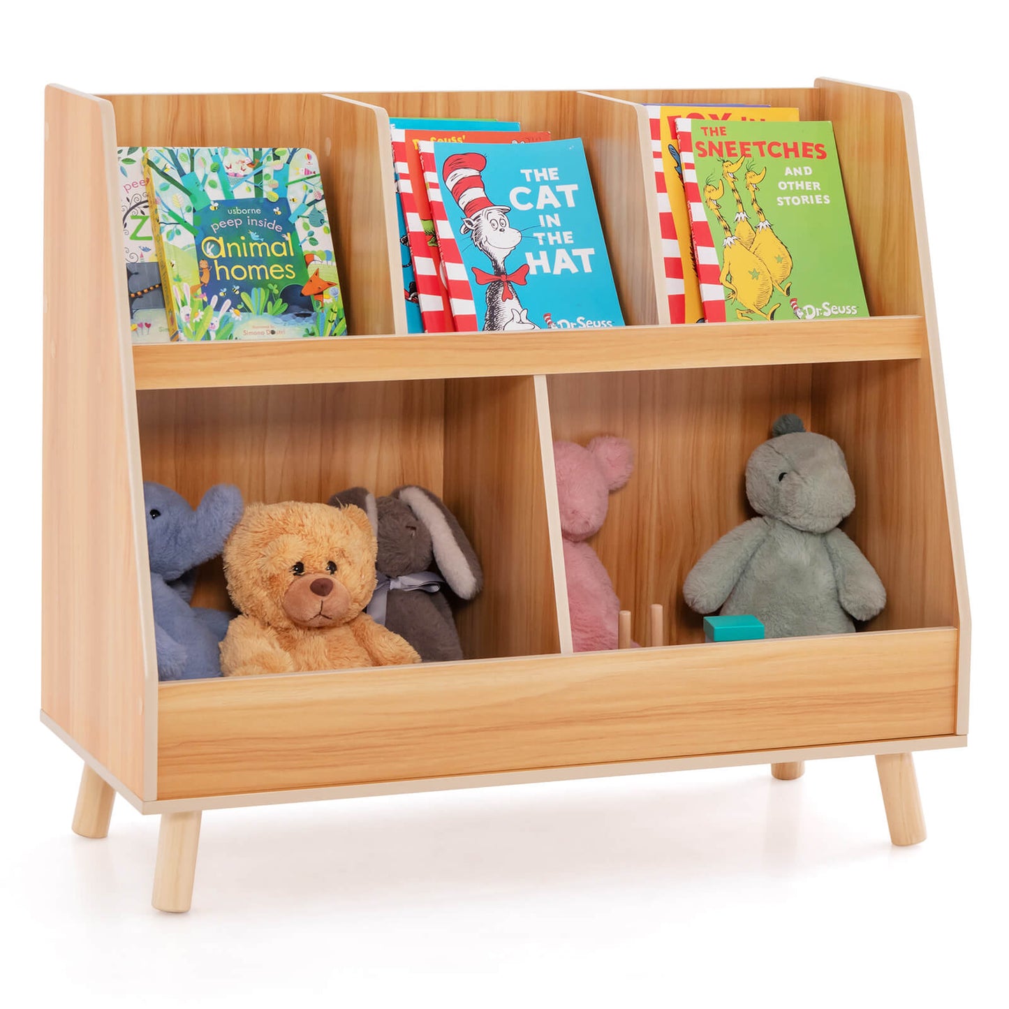 5-Cube Kids Bookshelf and Toy Organizer with Solid Wood Legs and Anti-Tipping Kits-Natural