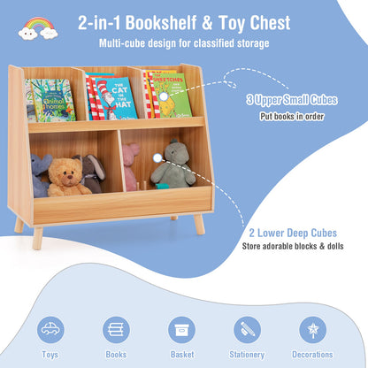 5-Cube Kids Bookshelf and Toy Organizer with Solid Wood Legs and Anti-Tipping Kits-Natural