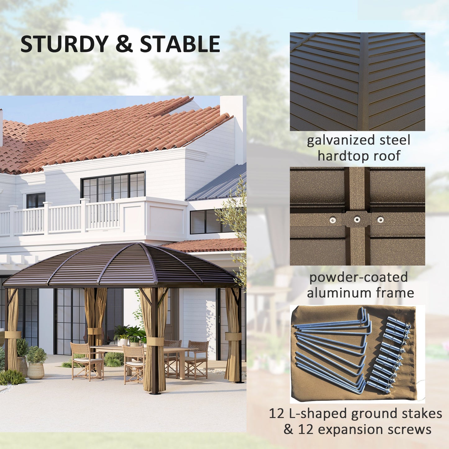 Outsunny 3 x 4m Hardtop Gazebo Canopy with Metal Roof, Aluminium Gazebo Permanent Pavilion with Netting and Curtains, Brown