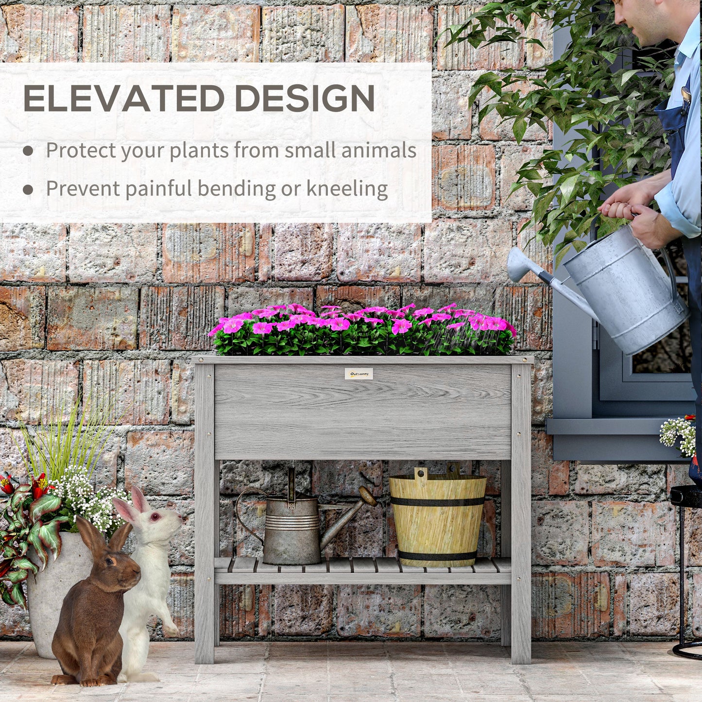 Outsunny Wooden Raised Garden Bed, Elevated Planter Box with Storage Shelf and Drainage Holes, Raised Planter with Legs, Grey