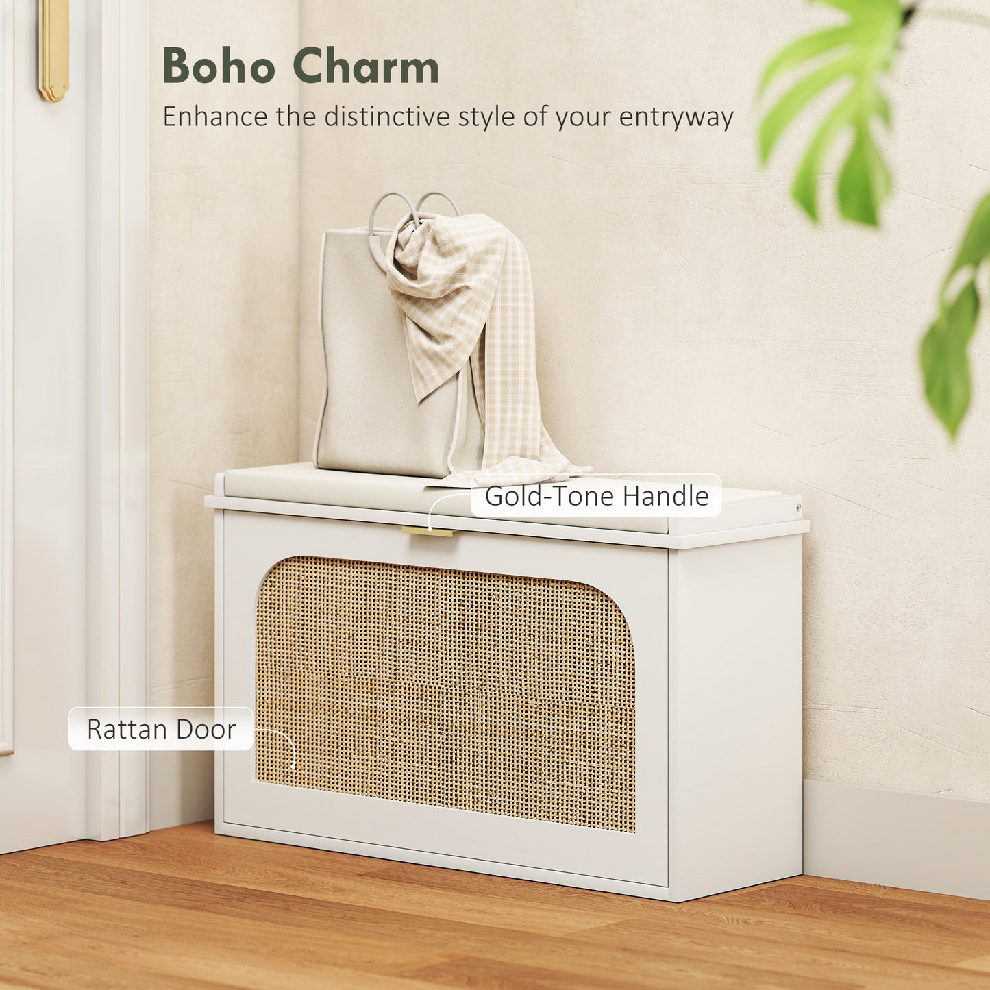 HOMCOM Boho Shoe Bench with Padded Seat and Flip-Drawer - White