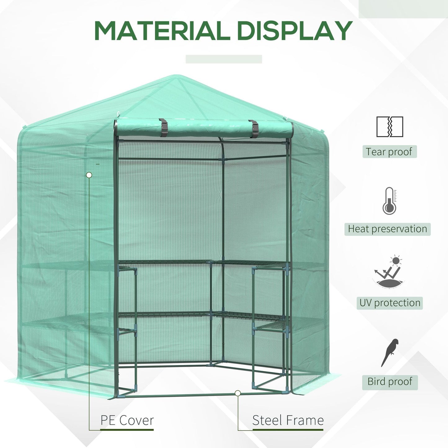 Outsunny  Hexagon Walk In Garden Greenhouse PE Planter Flower Growth with Zipped Door 225 x 194 x 215H cm