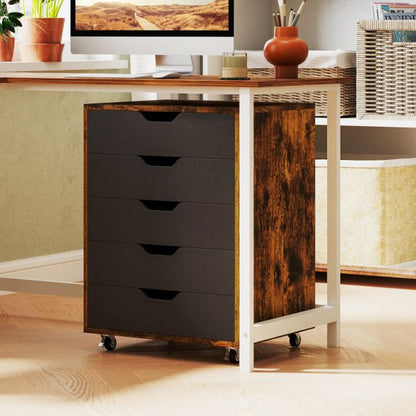 5 Drawer Chest with Lockable Wheels for Home Office-Rustic Brown
