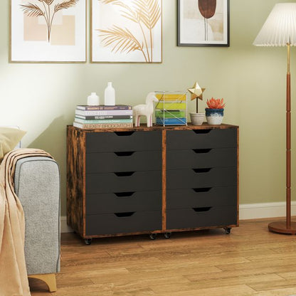 5 Drawer Chest with Lockable Wheels for Home Office-Rustic Brown
