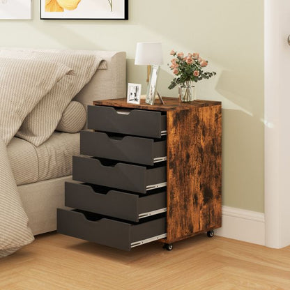 5 Drawer Chest with Lockable Wheels for Home Office-Rustic Brown