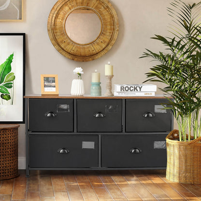 5-Drawer Storage Dresser with Labels and Removable Fabric Bins-Black
