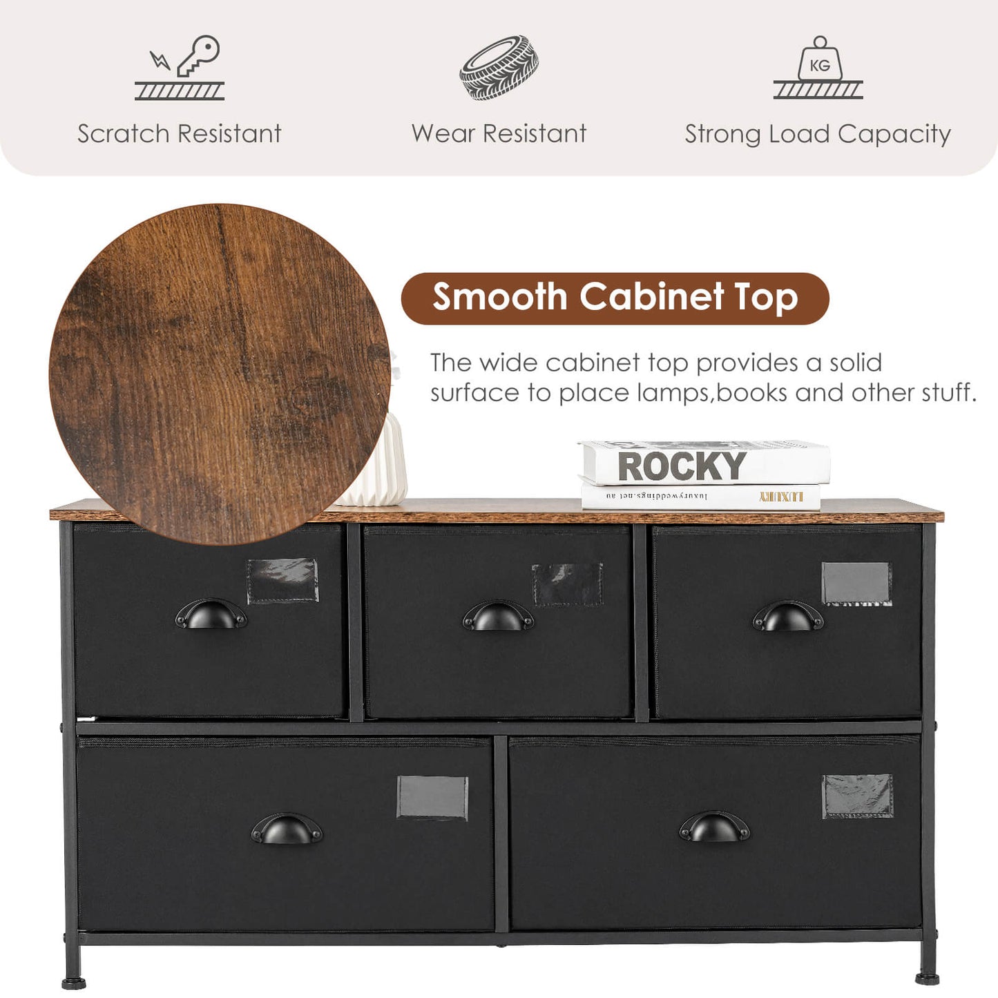 5-Drawer Storage Dresser with Labels and Removable Fabric Bins-Black