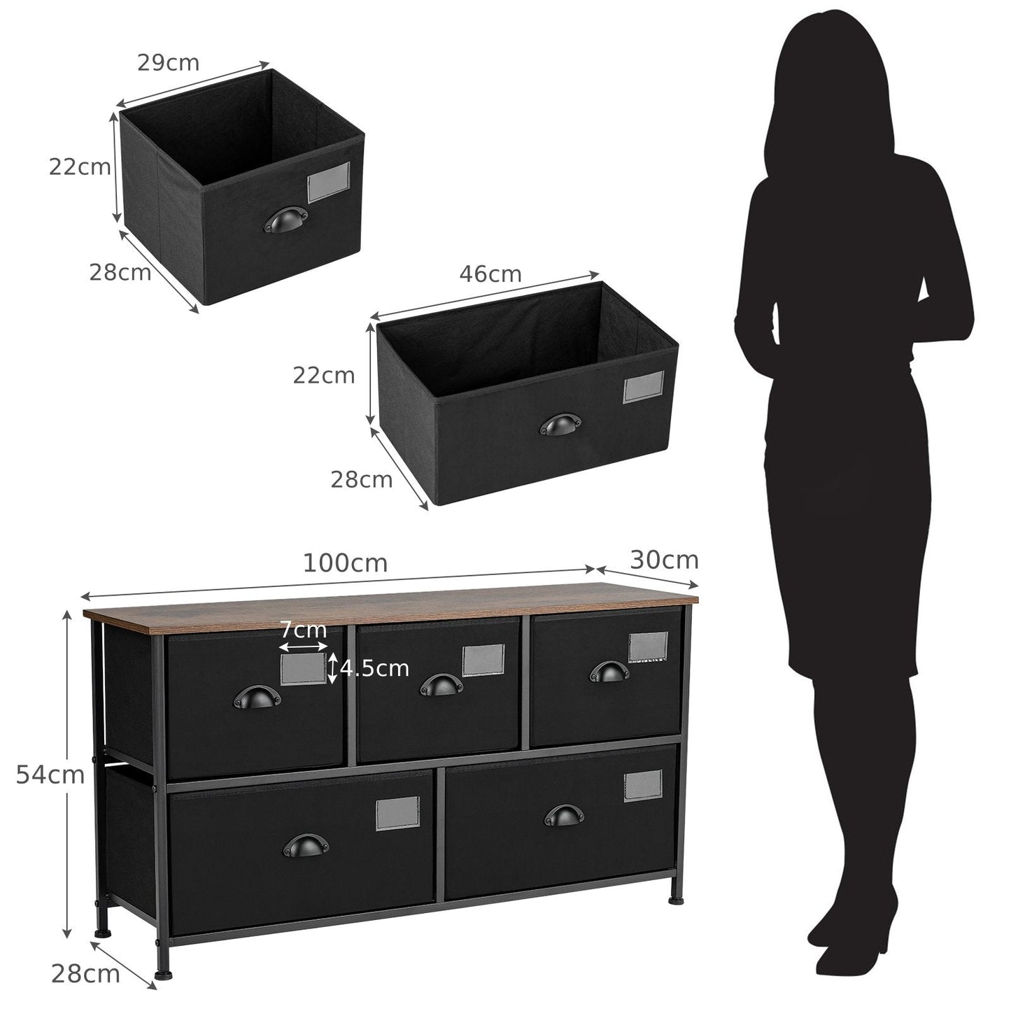 5-Drawer Storage Dresser with Labels and Removable Fabric Bins-Black