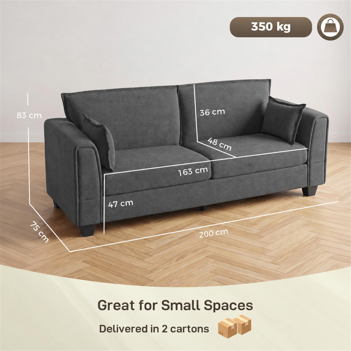 HOMCOM 3 Seater Sofa, Linen Upholstered Sofa Couch with Spring Cushions, Thick Padding, Wide Padded Armrests, Dark Grey