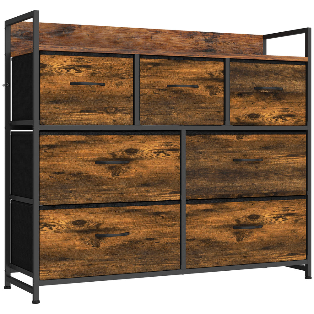 HOMCOM Chest of Drawers with 7 Drawers, Industrial Fabric Storage Unit with Top Shelf and Steel Frame for Bedroom, Rustic Brown