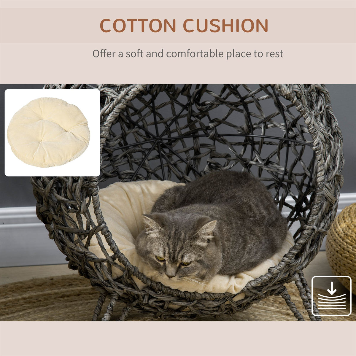 PawHut Raised Rattan Cat House, with Cushion - Silver-Tone & Grey