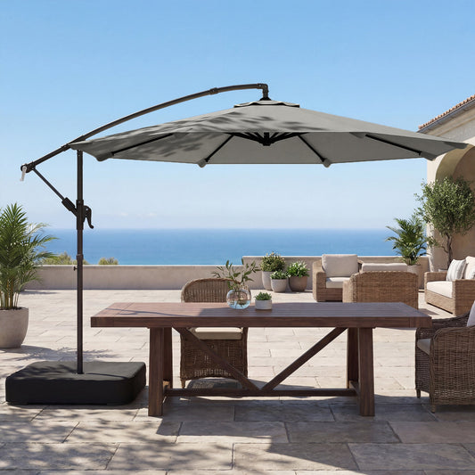 Outsunny 3 m Garden Cantilever Parasol with Cross Base, Sandbag, 360 degrees Rotating Overhanging Banana Umbrella, Grey