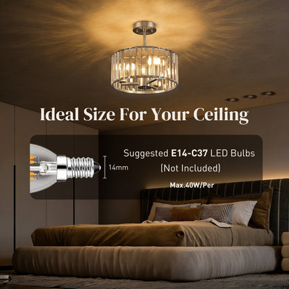 HOMCOM Semi Flush Mount Modern Crystal Chandelier Ceiling Light, Crystal Ceiling Light Fixture with E14 Base, Silver Tone