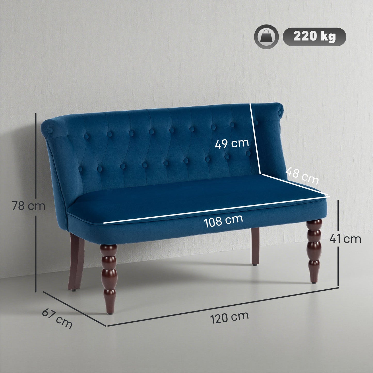 HOMCOM Velvet 2 Seater Sofa, Button Tufted Wingback Loveseat with Rubber Wood Legs for Living Room, Bedroom, Dark Blue
