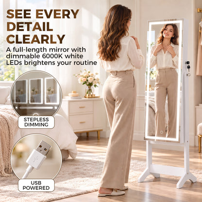 HOMCOM Mirror Jewelry Cabinet with LED Light, Freestanding Lockable Full Length Mirror with Storage, 3 Angles Adjustable, White