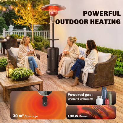 Outsunny Gas Patio Heater with Table Tray, 13 kW Portable Propane Outdoor Heater with Piezo Ignition, Tip-over Protection, Brown