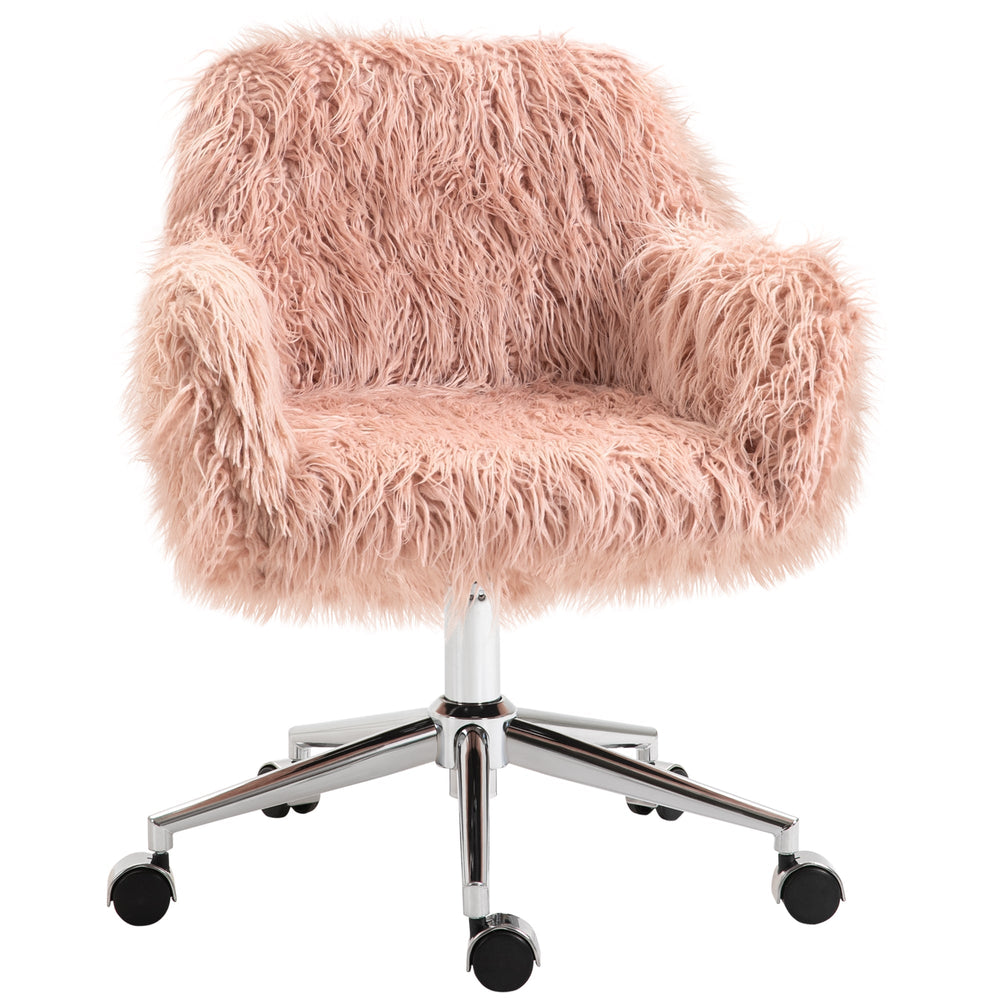 Vinsetto Faux Fur Desk Chair, Rolling Swivel Makeup Chair with Adjustable Height, Armrets for Home Office, Bedroom, Pink