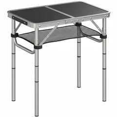 Outsunny 2ft Folding Camping Table, Picnic Table with Mesh Storage Layer, 4 Adjustable Heights and Carrying Handle, Black