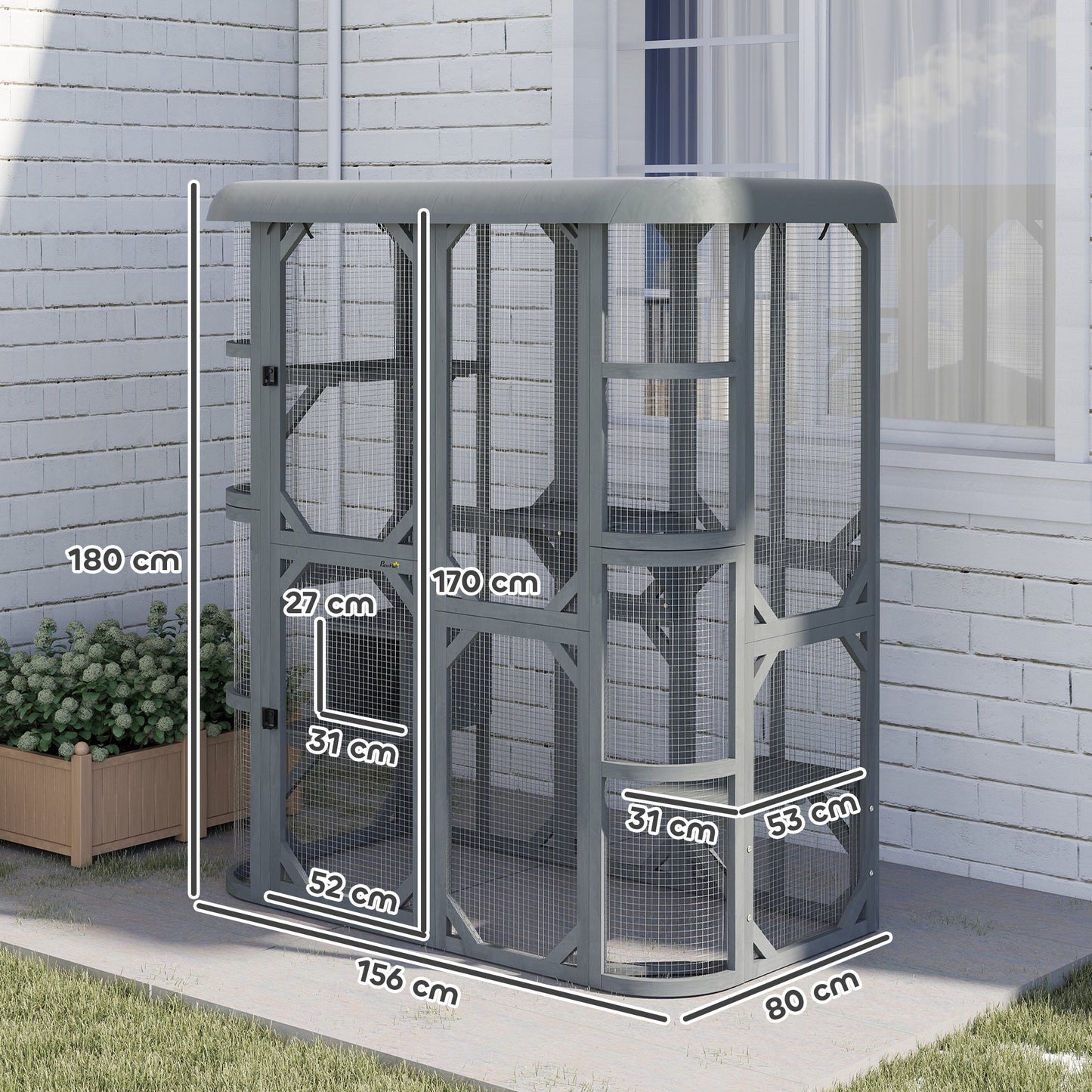 PawHut Catio Outdoor Cat Enclosure,  Wooden Cat House with Platforms, Condo and Waterproof Cover for 2â3 Kittens, Grey