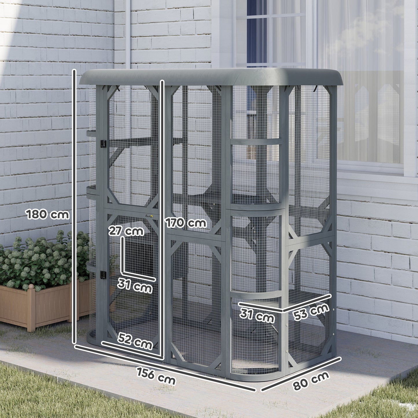 PawHut Catio Outdoor Cat Enclosure, Wooden Cat House with Platforms, Condo and Waterproof Cover for 2“3 Kittens, Grey