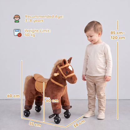 AIYAPLAY Rocking Horse, Plush Ride On Horse with Hoof and Neighing, Rolling Wheels and Pedal for 3-8 Y, Up to 50kg, Dark Brown