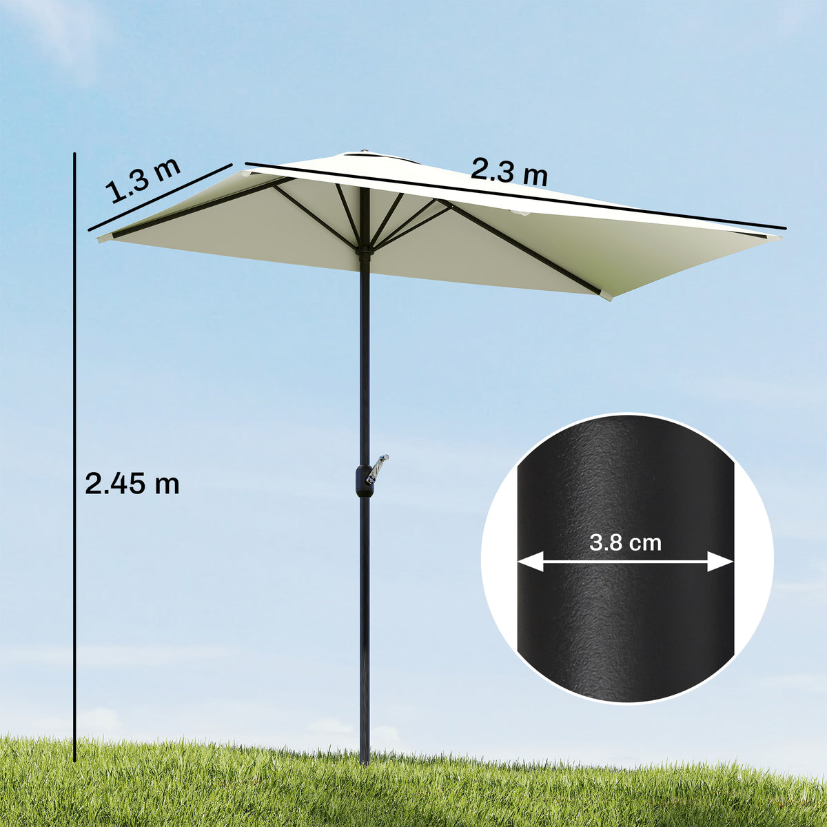 Outsunny Balcony Half Parasol Semi Round Umbrella Patio Crank Handle (2.3 m, Beige)- NO BASE INCLUDED