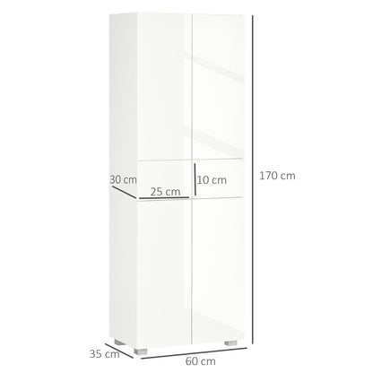 HOMCOM 4-Door Kitchen Cupboard, Tall Freestanding 5-Tier Storage Cabinet with 3 Adjustable Shelves, 2 Drawers for Living Room, Dining Room, Push to Open Design, High Gloss White