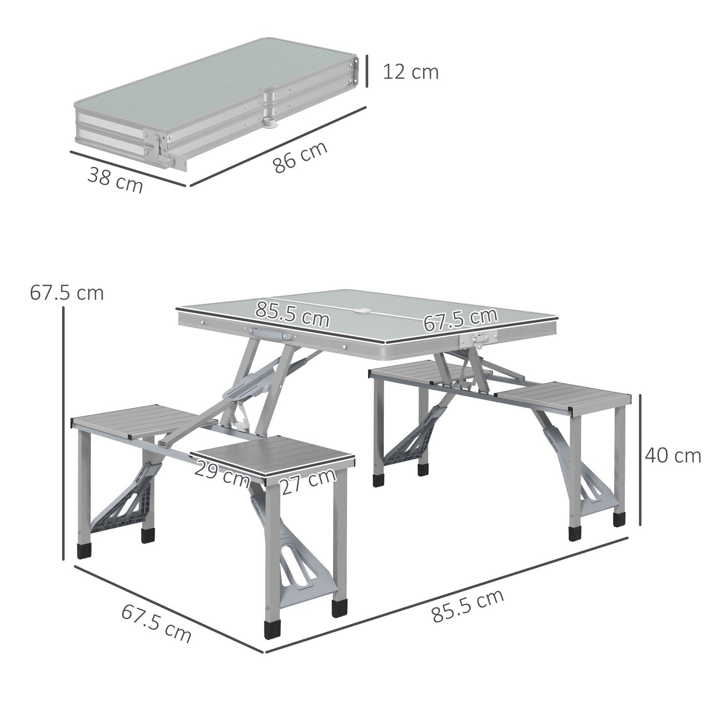 Outsunny Folding Picnic Table with 4 Seats and Umbrella Hole - Grey