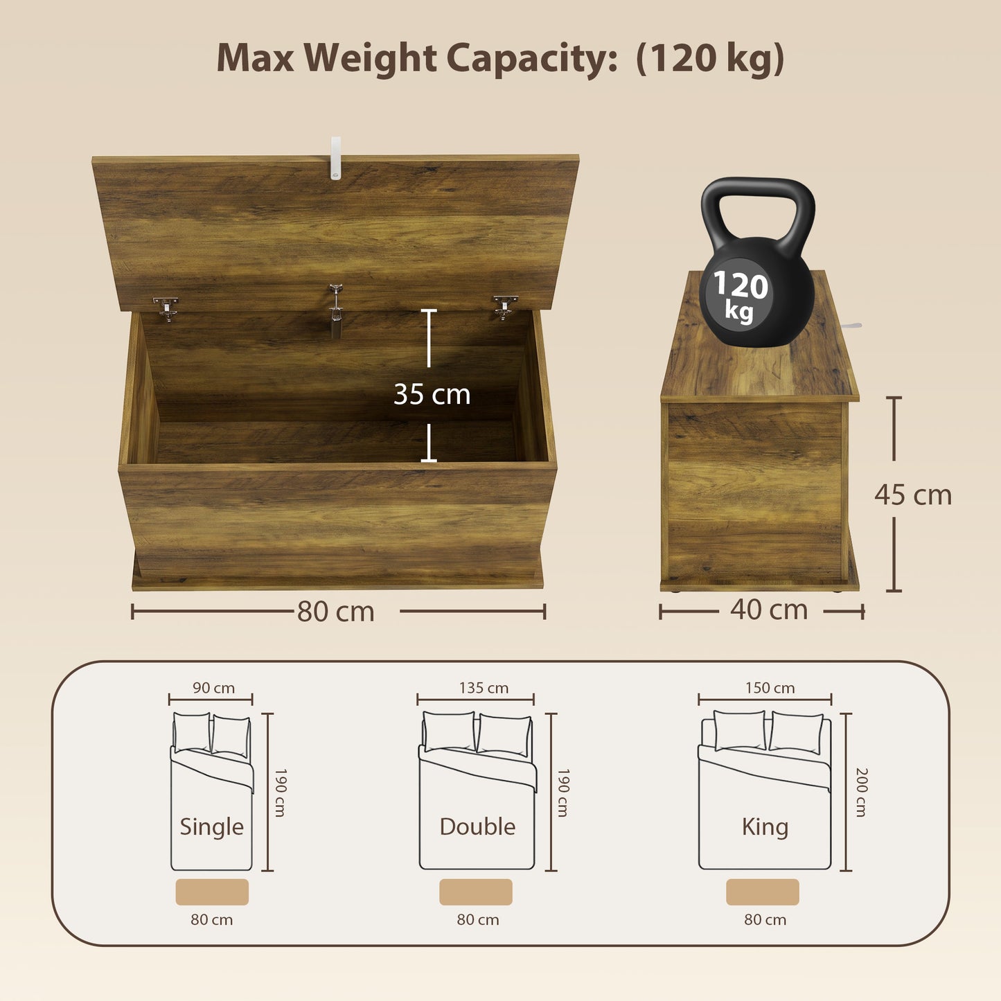 HOMCOM Storage Chest, 102L Blanket Box, Shoe Bench Safety Hinged Lid, Bed End Bench for Bedroom, 80 x 40 x 45cm, Brown