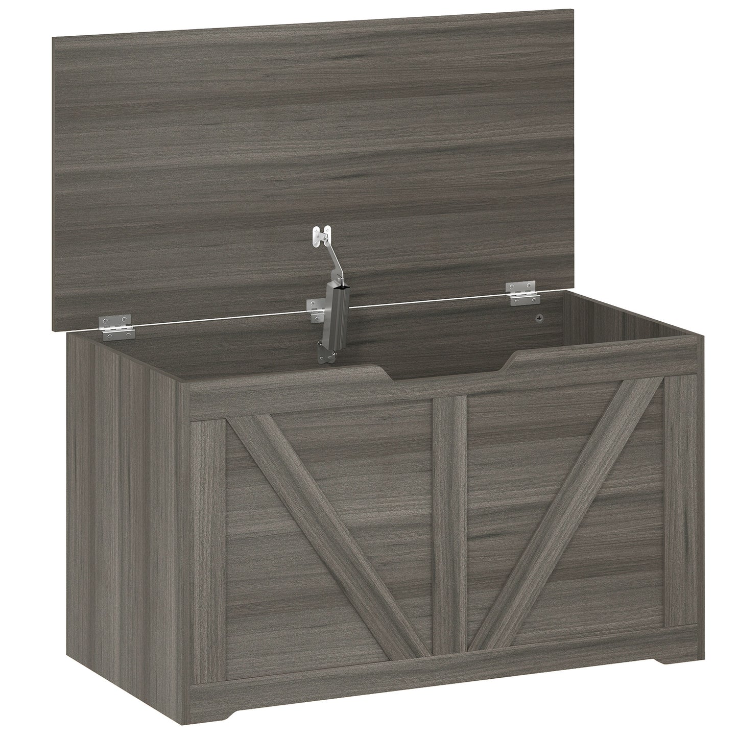 HOMCOM 100L Home Storage Box, with Safety Hinge - Dark Grey Wood-Effect
