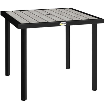 Outsunny Square Garden Dining Table with 5.4cm Parasol Hole, Slatted Top, Metal Frame, 86 x 86 x 71 cm, Light Grey