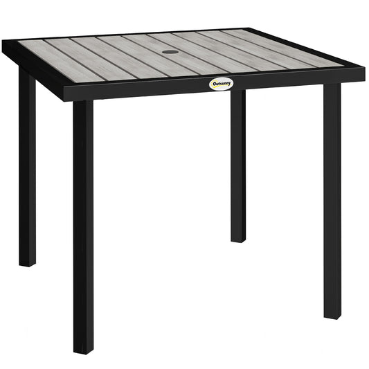 Outsunny Square Garden Dining Table with 5.4cm Parasol Hole, Slatted Top, Metal Frame, 86 x 86 x 71 cm, Light Grey