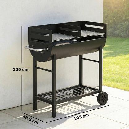Outsunny Charcoal Barbecue Grill with 2 Cooking Areas, Portable BBQ Trolley with Wheels, Height Adjustable Grates, Bottom Shelf