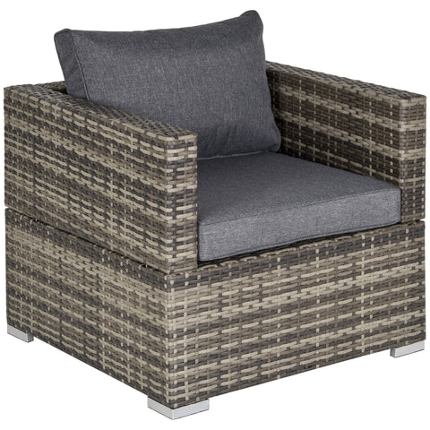 Outsunny Single Rattan Garden Chair, PE Wicker Garden Armchair with Cushions, Outdoor Rattan Chair with Armrests and Steel Frame for Conservatory, Porch, Patio, Balcony, Dark Grey