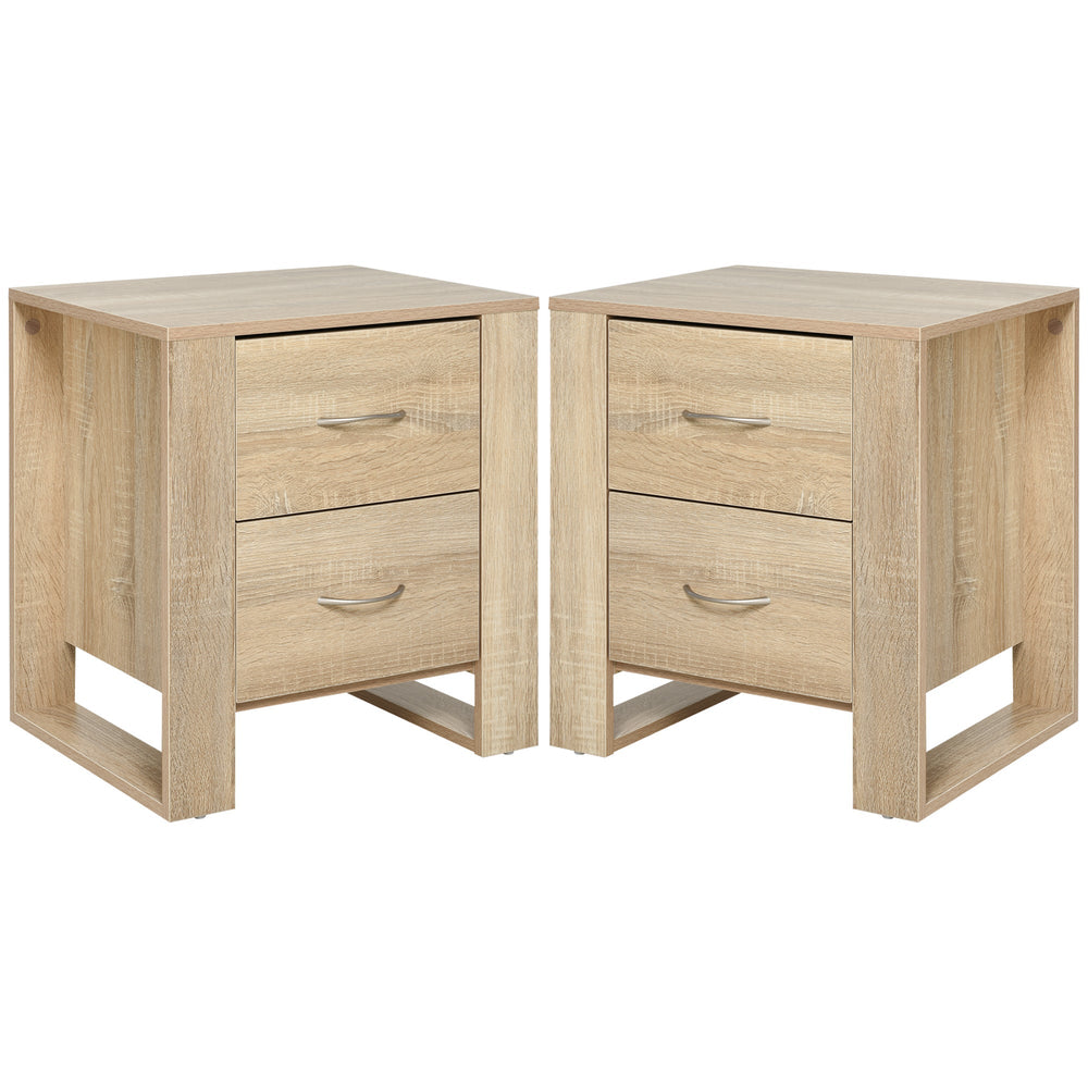 HOMCOM Bedside Table with 2 Drawers, Nightstand with Handles and Elevated Base, Side Table for Bedroom, Living Room, Set of 2, Brown