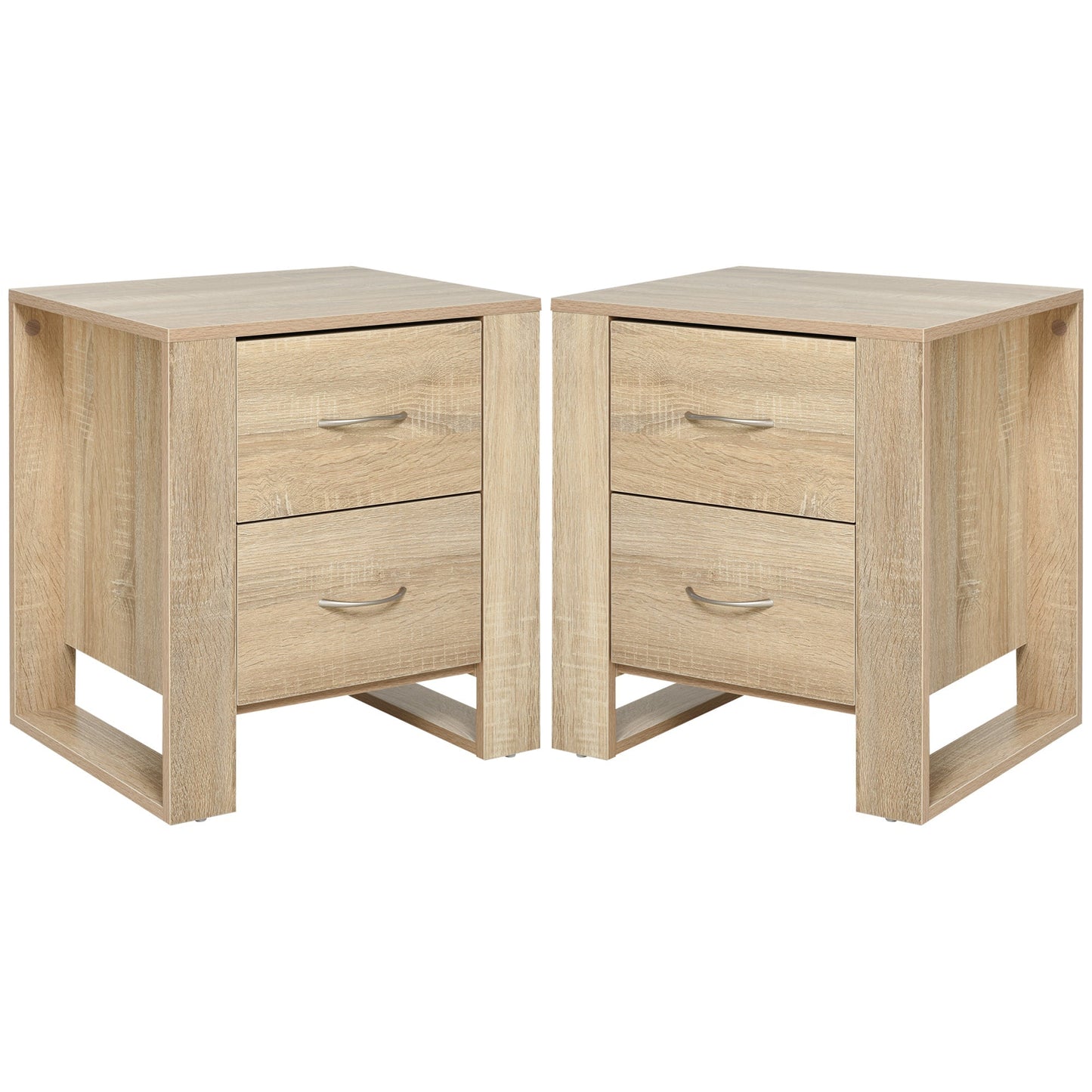 HOMCOM Bedside Table with 2 Drawers, Nightstand with Handles and Elevated Base, Side Table for Bedroom, Living Room, Set of 2, Brown