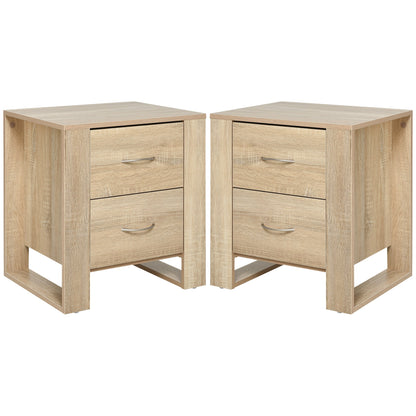 HOMCOM Bedside Table with 2 Drawers, Nightstand with Handles and Elevated Base, Side Table for Bedroom, Living Room, Set of 2, Brown