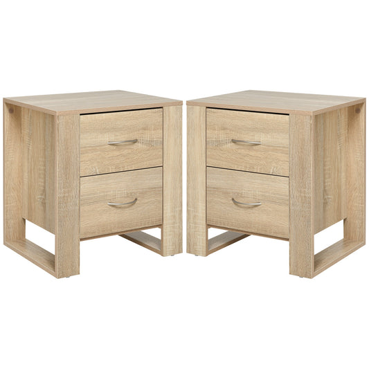 HOMCOM Bedside Table with 2 Drawers, Nightstand with Handles and Elevated Base, Side Table for Bedroom, Living Room, Set of 2, Brown