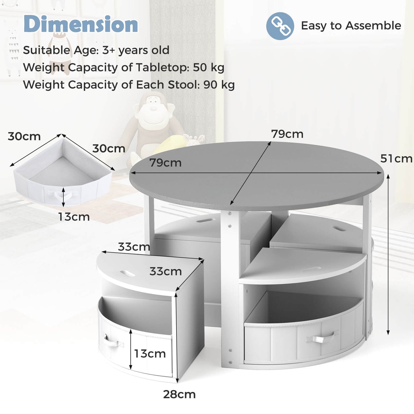 5 Piece Kids Table and Chair Set Round for 4 with 4 Fabric Drawers-Grey
