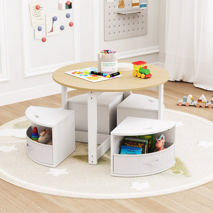 5 Piece Kids Table and Chair Set Round for 4 with 4 Fabric Drawers-Natural