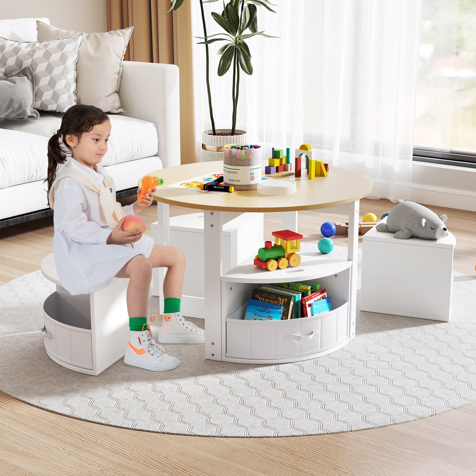 5 Piece Kids Table and Chair Set Round for 4 with 4 Fabric Drawers-Natural