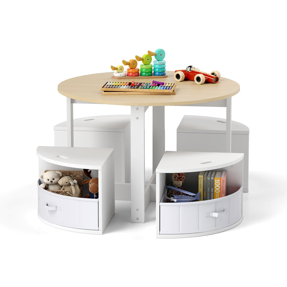 5 Piece Kids Table and Chair Set Round for 4 with 4 Fabric Drawers-Natural