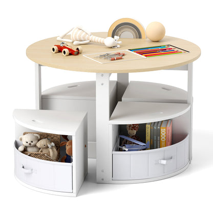 5 Piece Kids Table and Chair Set Round for 4 with 4 Fabric Drawers-Natural