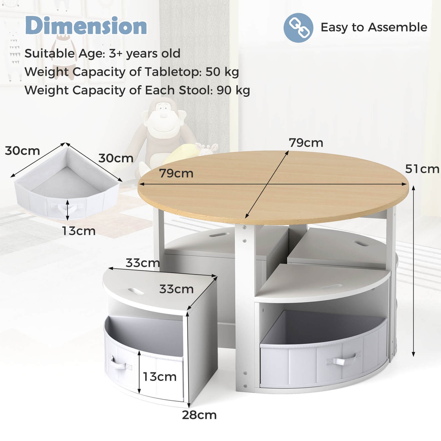 5 Piece Kids Table and Chair Set Round for 4 with 4 Fabric Drawers-Natural