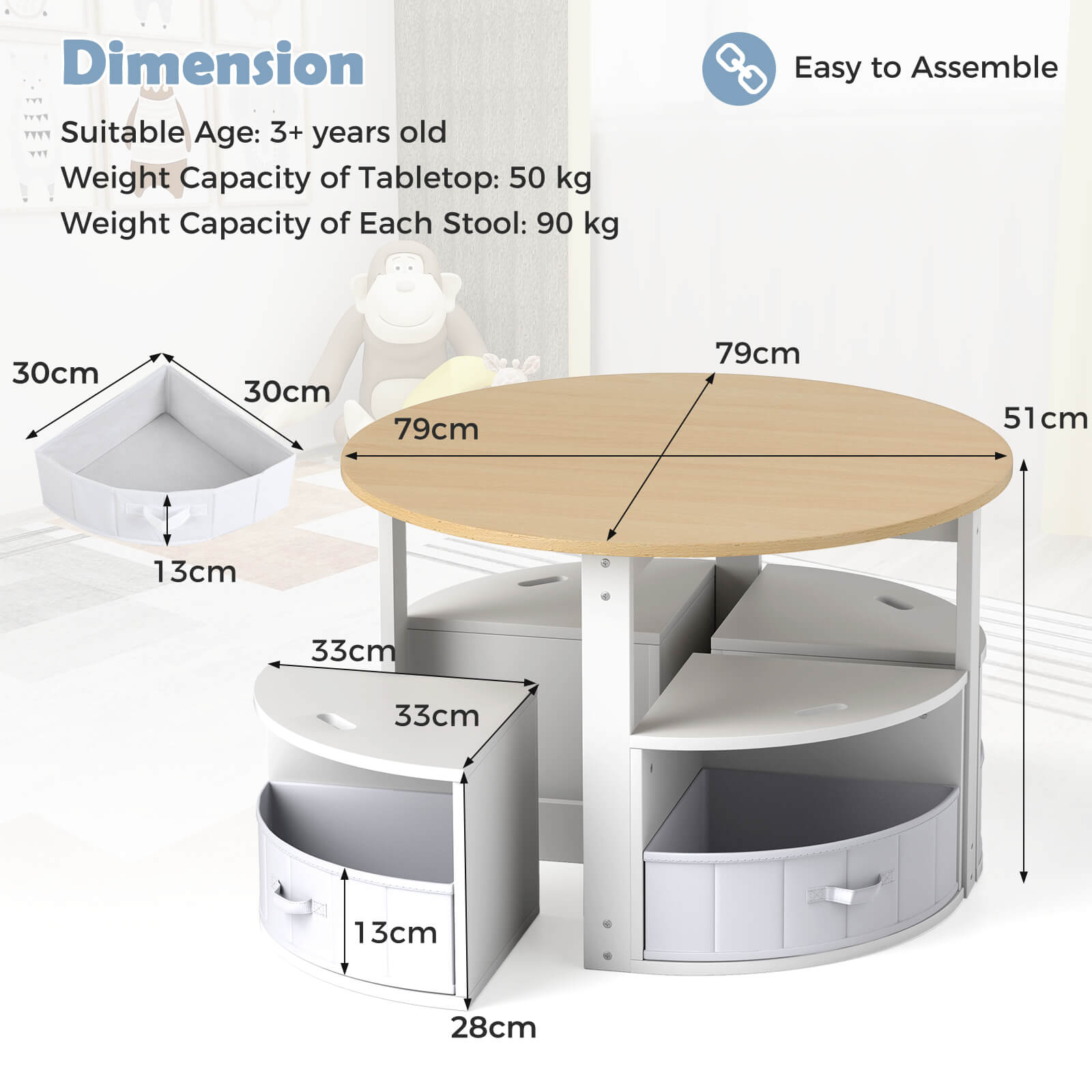 5 Piece Kids Table and Chair Set Round for 4 with 4 Fabric Drawers-Natural
