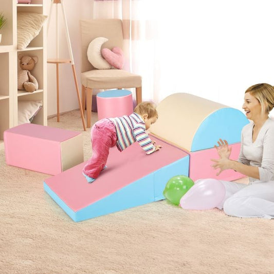 5 Pieces Kids Climb Crawl Activity Play Set with Safe Foam Blocks-Pink